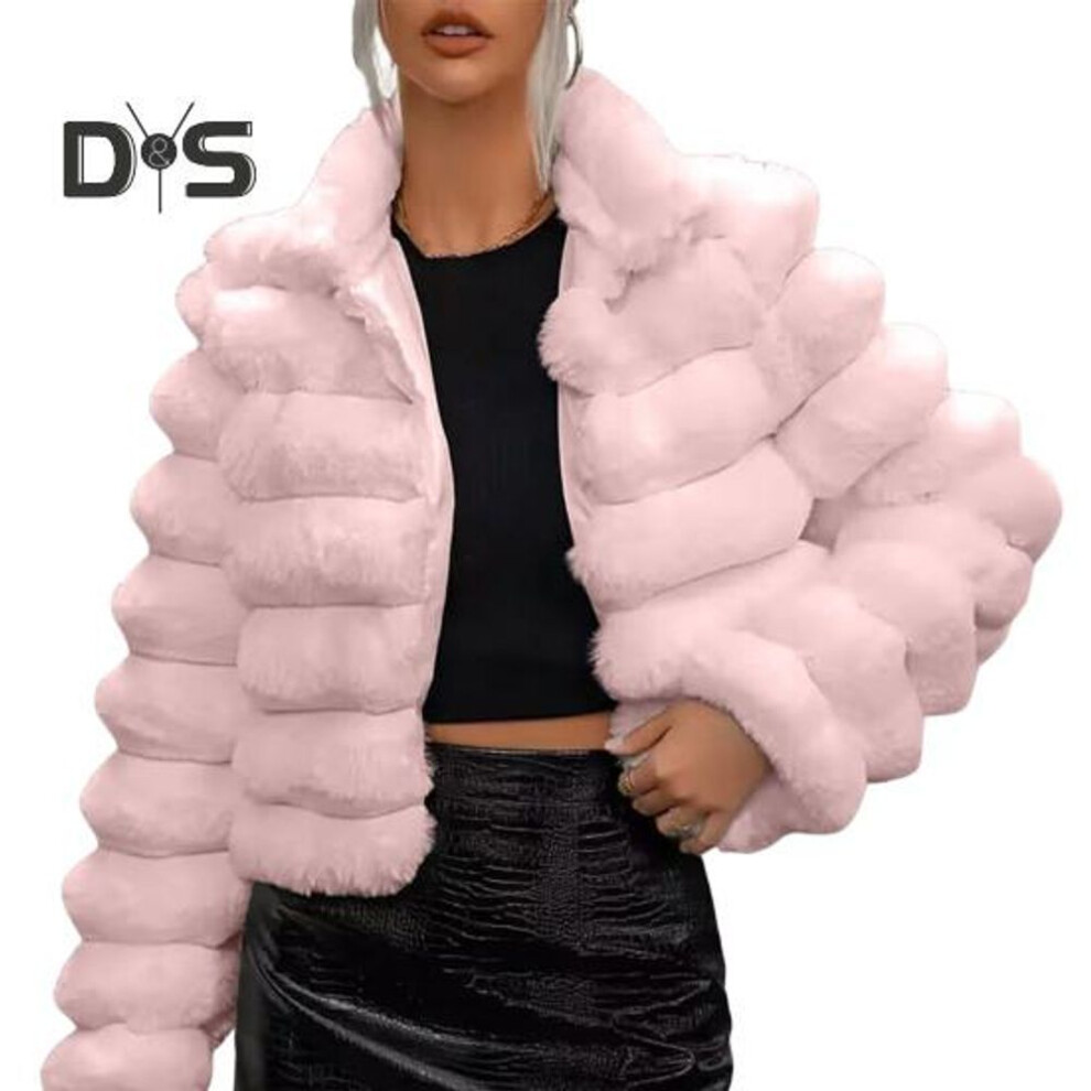 (pink, S) Winter Women Jacket Thick Faux Fur Solid Color Turn-down Collar Long Sleeves Heat Retention Outdoor Daily Wear Warm Coat