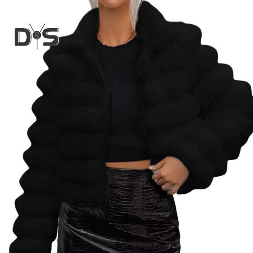 (black, L) Winter Women Jacket Thick Faux Fur Solid Color Turn-down Collar Long Sleeves Heat Retention Outdoor Daily Wear Warm Coat