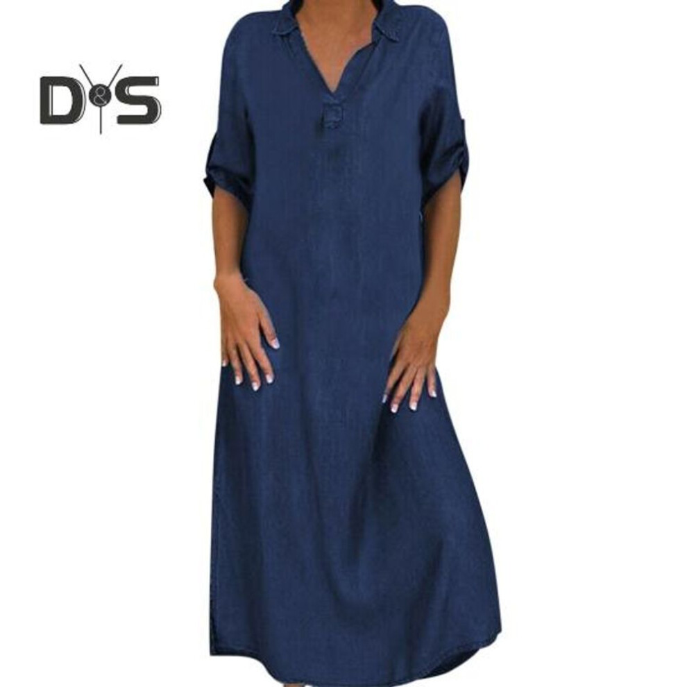 (dark blue, L) Fall Spring Lady Dress V Neck Loose Short Sleeves With Cufflink Split Hem Plus Size Dress Solid Color Buttons Pullover A-line Daily Wear Beach Maxi