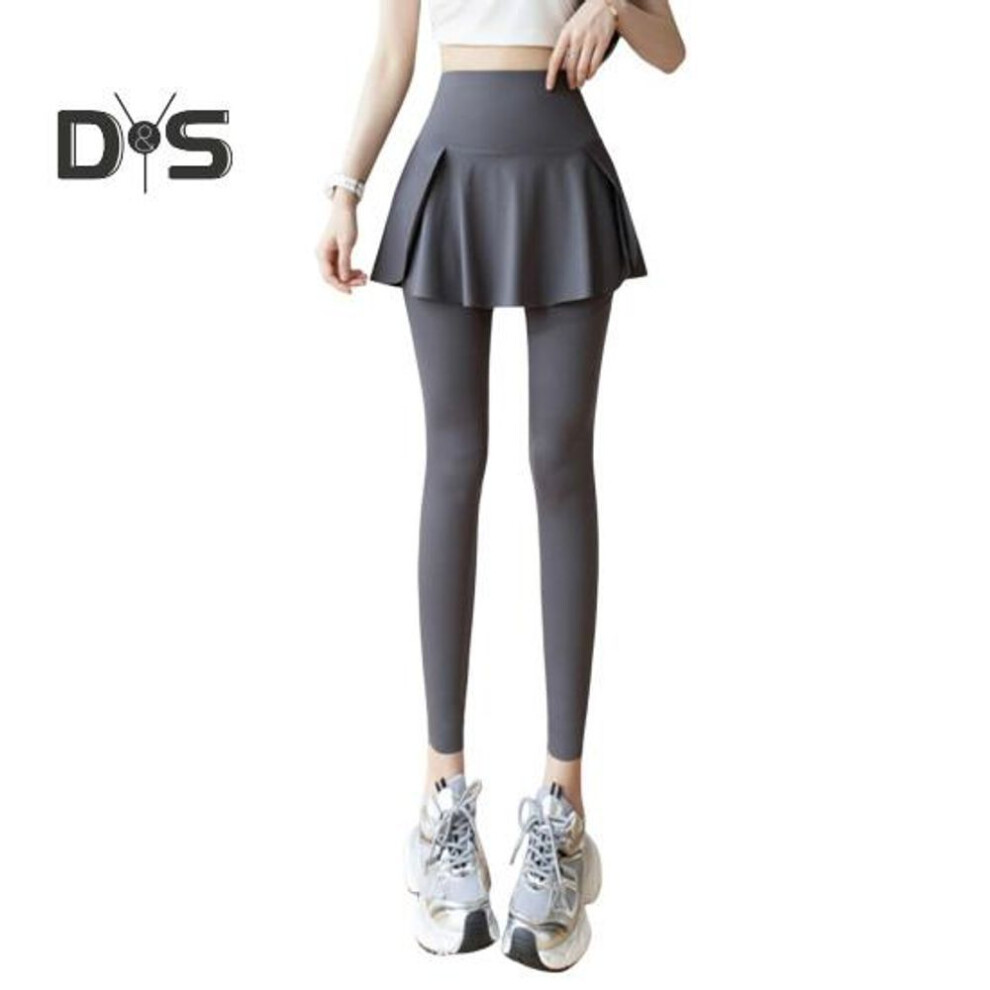 (grey, XL) Women Yoga Pants Fake Tow-piece Skirt Patchwork Skinny Compression High Waist Phone Pocket Butt-lifted Anti-exposure Seamless Sport Gym Jogging