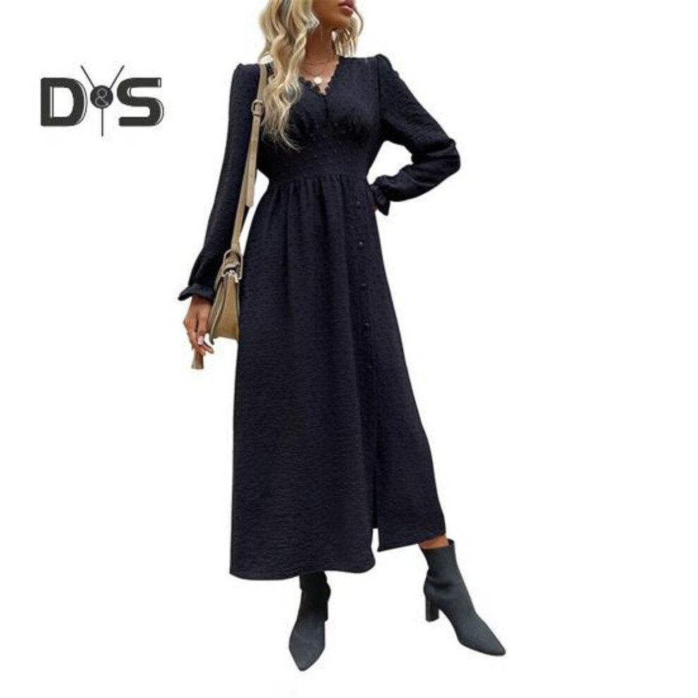 (black, M) Spring Fall Lady Dress V Neck Pure Black High Waist Long Puff Sleeves Button Decor Split Hem A-line Commuting Dating Shopping Midi Dress