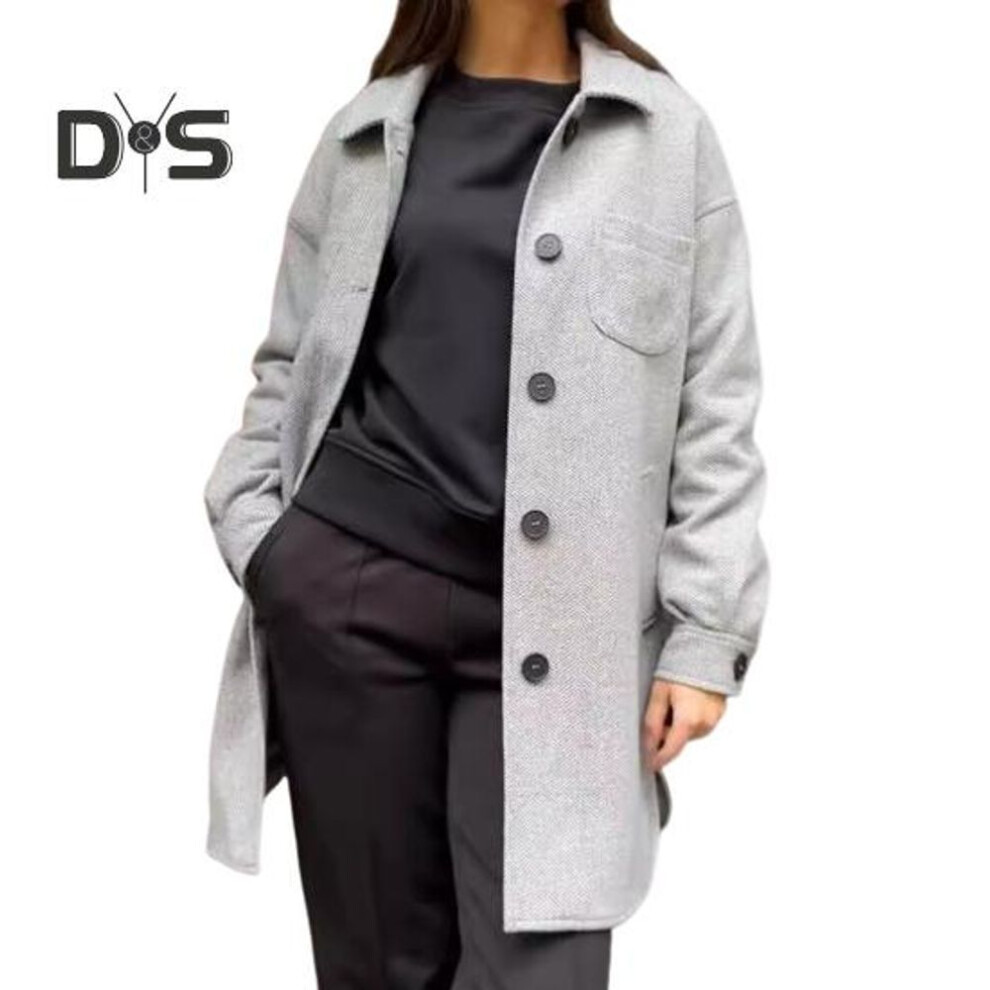 (S, light grey) Women Winter Coat Turn-down Collar Pockets Pure Color with Chest Pocket Cardigan Loose Fit Outwear Thermal Long Sleeves Commuting Dating Winter Jacket