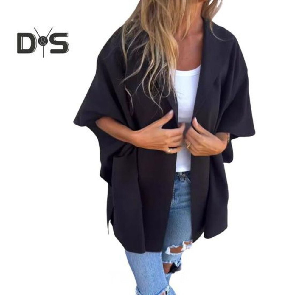 (L, black) Women Jacket Cape Style Hooded Pockets Solid Color Open Stitch Loose Thermal Three Quarter Sleeved Hiking Workout Spring Fall Winter Coat