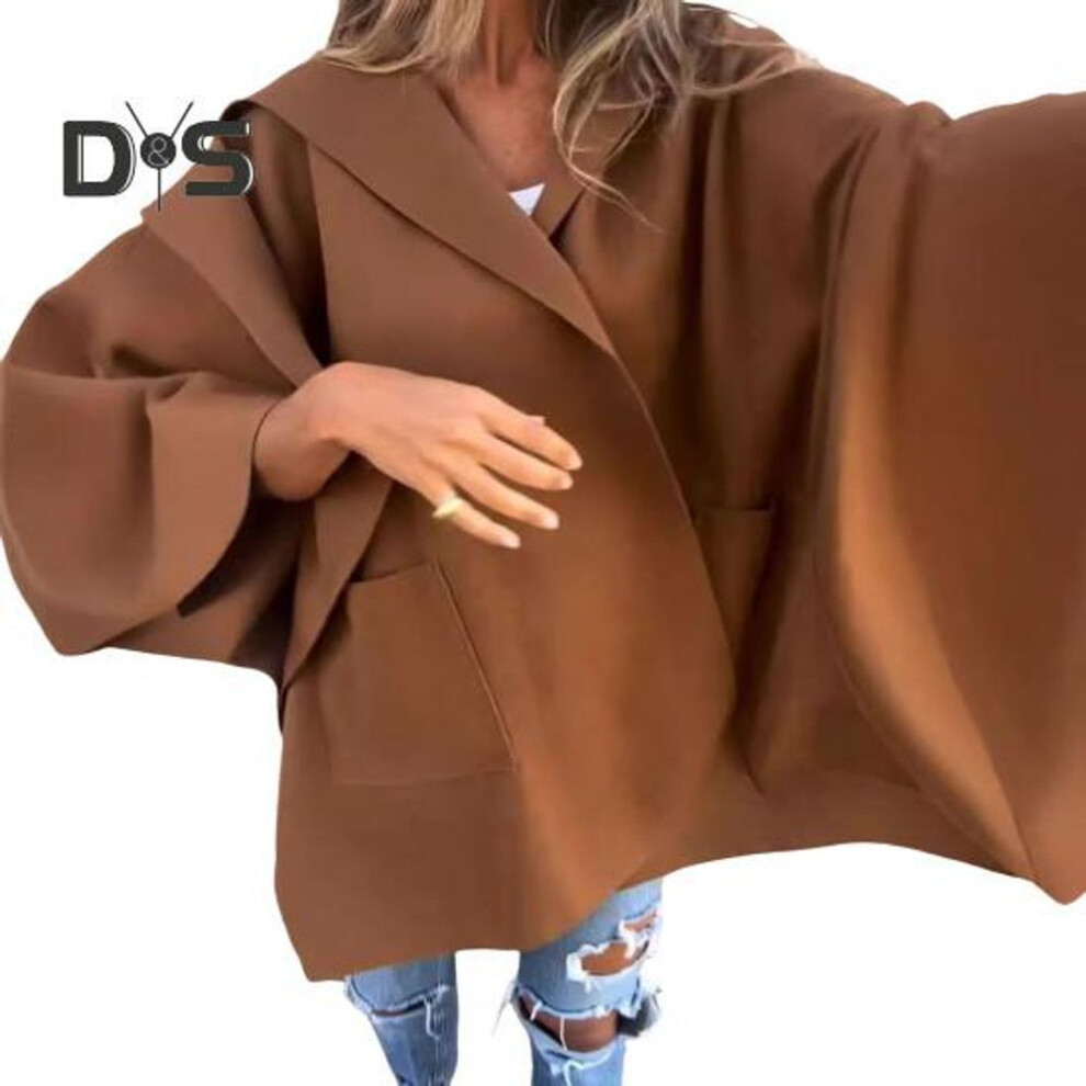 (XXXL, tan) Women Jacket Cape Style Hooded Pockets Solid Color Open Stitch Loose Thermal Three Quarter Sleeved Hiking Workout Spring Fall Winter Coat