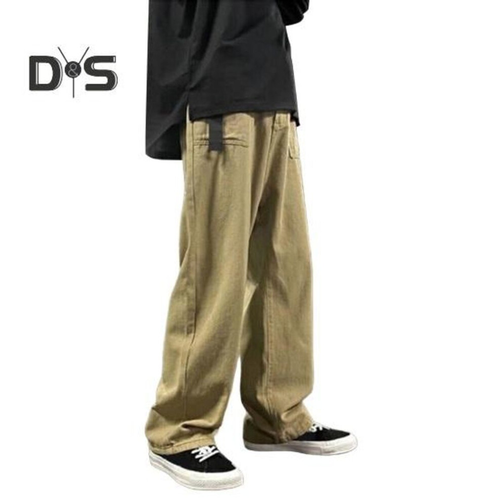 (khaki, M) Men Cargo Pants Loose Solid Color Vintage Japanese Style High Street Style Wide Leg Straight Leg Pockets Streetwear Outdoor Travel Trousers