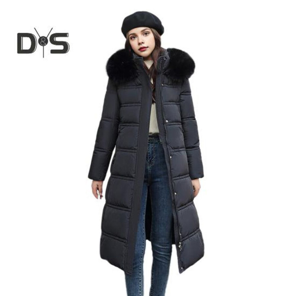 (black, L) Winter Women Cotton Jacket with Hood Neck Protection Long Sleeves Pockets Mid-calf Length Zipper Closure Padded Coat Solid Color Windproof Outwear