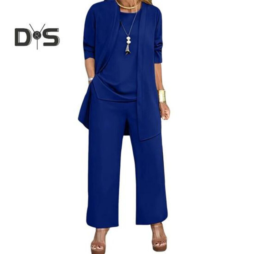 (blue, S) 3 Pcs/Set Women Coat Vest Pants Set Long Sleeve Cardigan O Neck Sleeveless Vest Elastic Waist Wide Leg Trousers Casual Loose Pantsuit Fall Spring