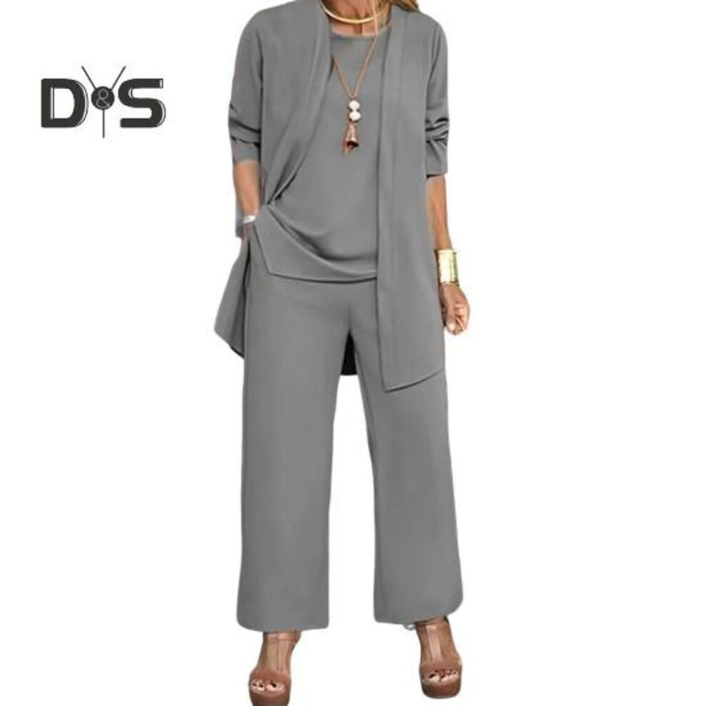 (grey, S) 3 Pcs/Set Women Coat Vest Pants Set Long Sleeve Cardigan O Neck Sleeveless Vest Elastic Waist Wide Leg Trousers Casual Loose Pantsuit Fall Spring