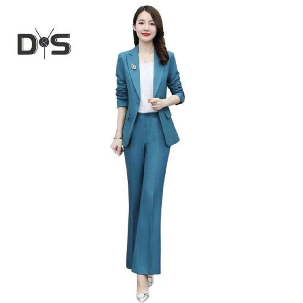 (blue, L) 2 Pcs/set Lady Formal Coat Pants Set Turn-down Collar Long Sleeves Suit Jacket Slim Fit Pure Color Flared Trousers Daily Wear Commuting Outfit Office