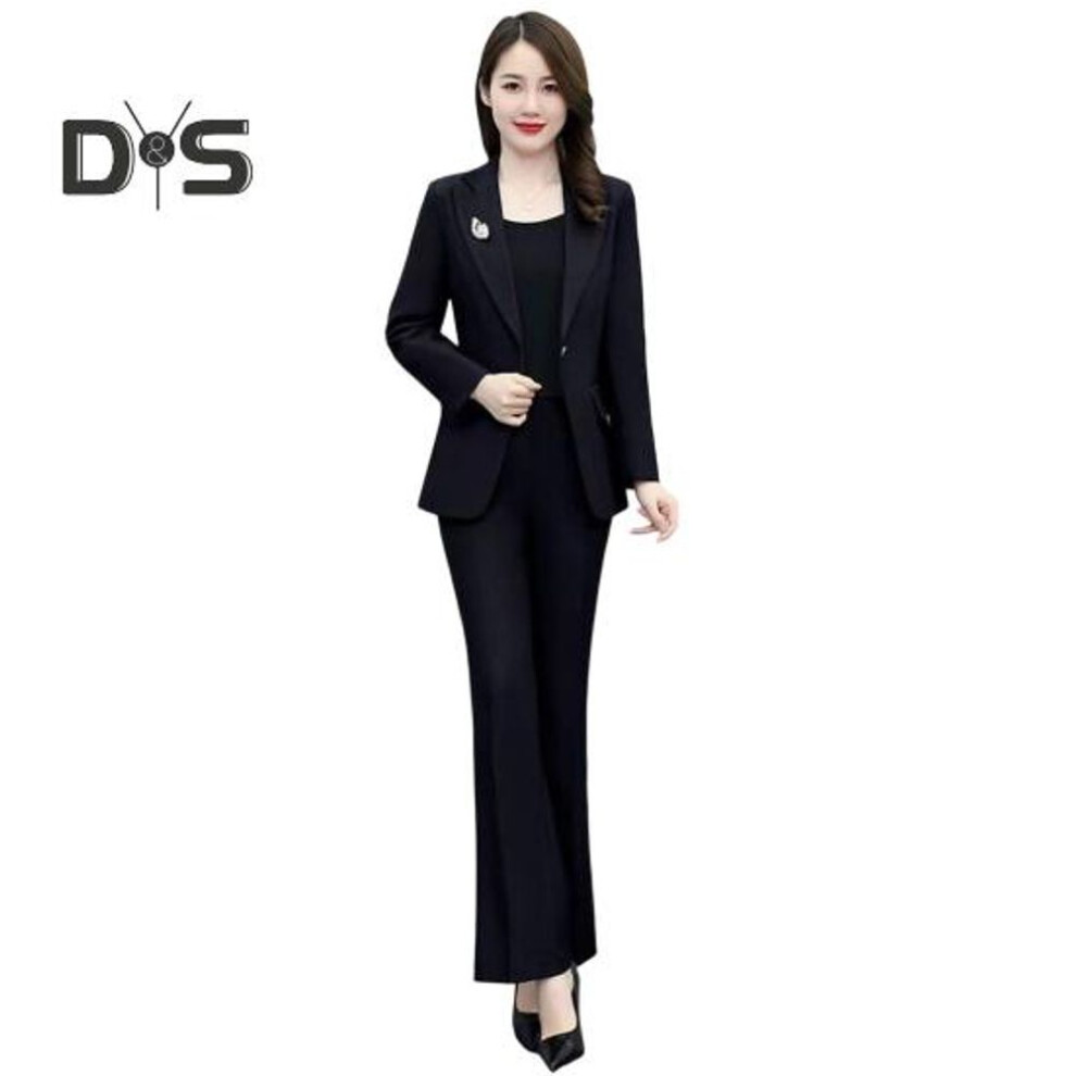 (black, M) 2 Pcs/set Lady Formal Coat Pants Set Turn-down Collar Long Sleeves Suit Jacket Slim Fit Pure Color Flared Trousers Daily Wear Commuting Outfit Office