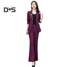 (purple, 2XL) 2 Pcs/Set Lady Formal Coat Pants Set Turn-down Collar Long Sleeves Suit Jacket Slim Fit Pure Color Flared Trousers Daily Wear Commuting Outfit Office