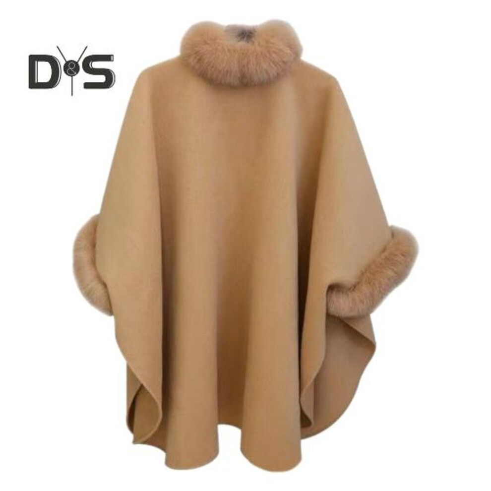 (camel, M) Lady Winter Cape Coat Dolman Sleeves Thick Shawl Loose Stand Collar Solid Color Faux Fur Decor Warm Daily Wear Work Outdoor Poncho
