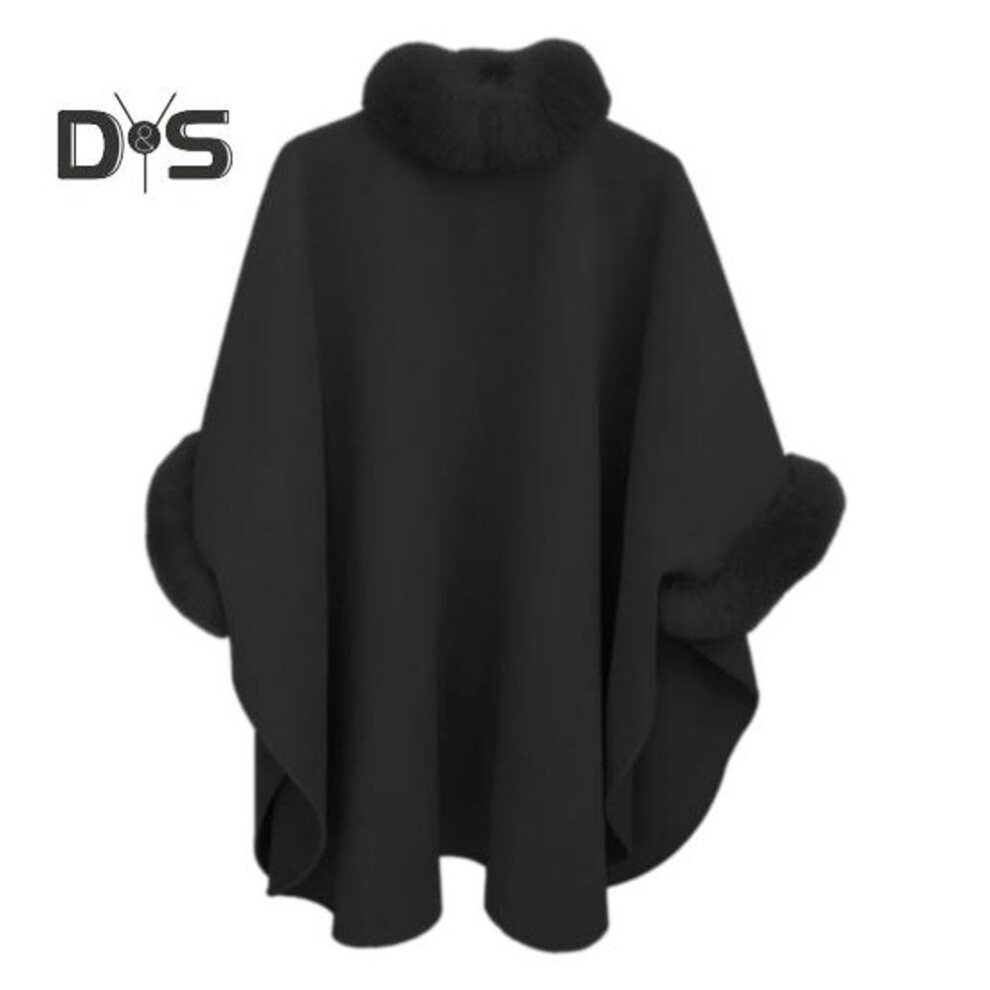 (black, 3XL) Lady Winter Cape Coat Dolman Sleeves Thick Shawl Loose Stand Collar Solid Color Faux Fur Decor Warm Daily Wear Work Outdoor Poncho