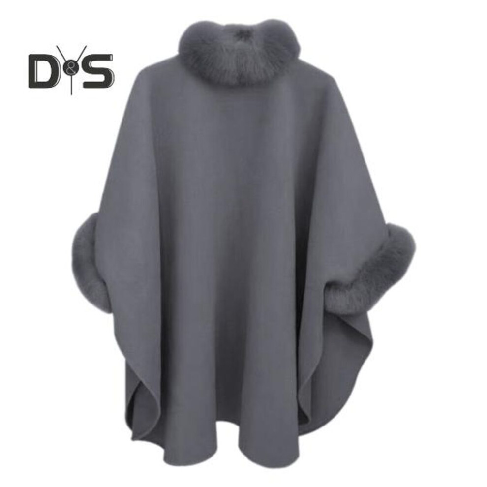 (grey, M) Lady Winter Cape Coat Dolman Sleeves Thick Shawl Loose Stand Collar Solid Color Faux Fur Decor Warm Daily Wear Work Outdoor Poncho