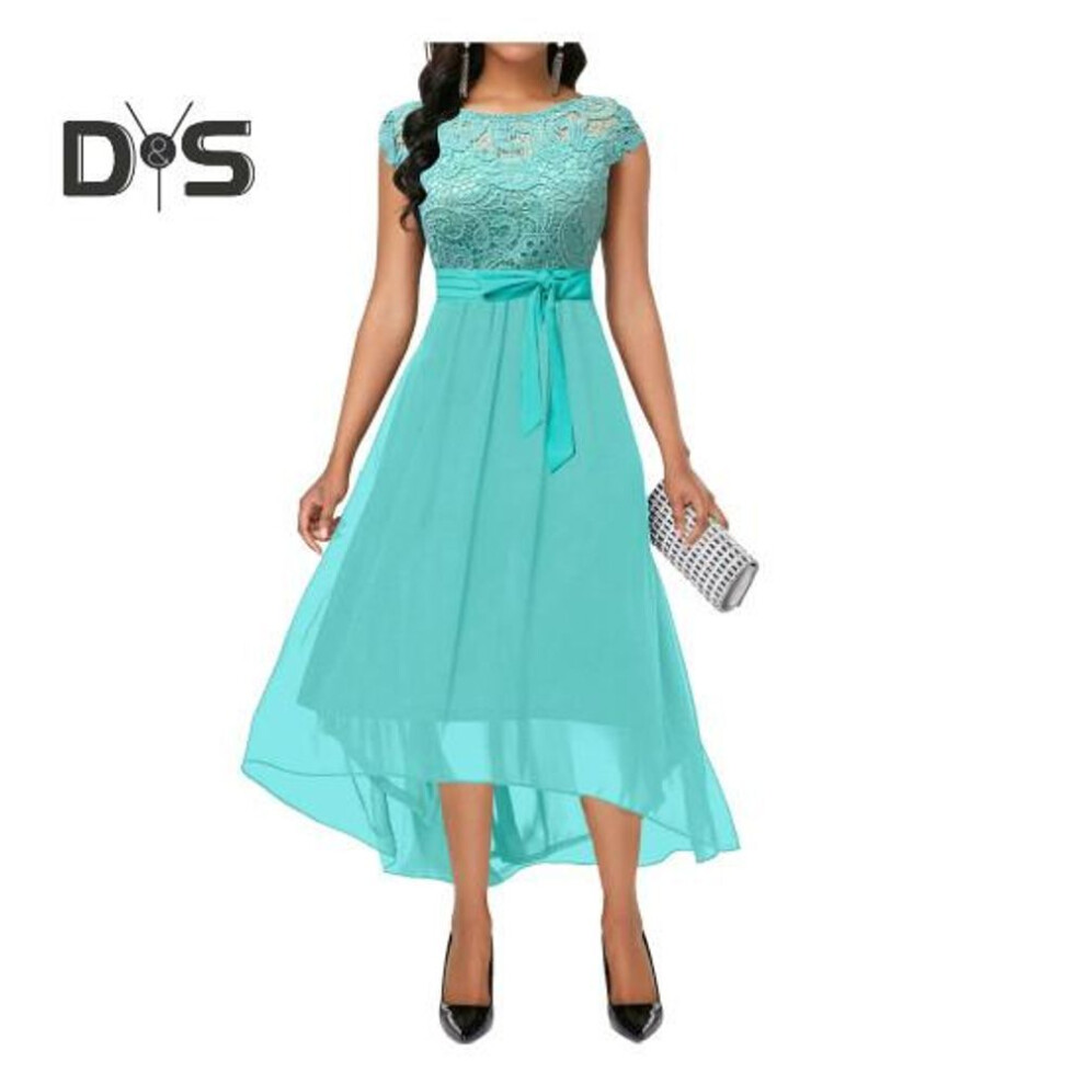 (green, 2XL) Evening Dress Round Neck Hollow Out Lace V-shaped Back Belted Tight Waist Hidden Zipper Irregular Hem Double Layers Solid Color Short Sleeve Retro