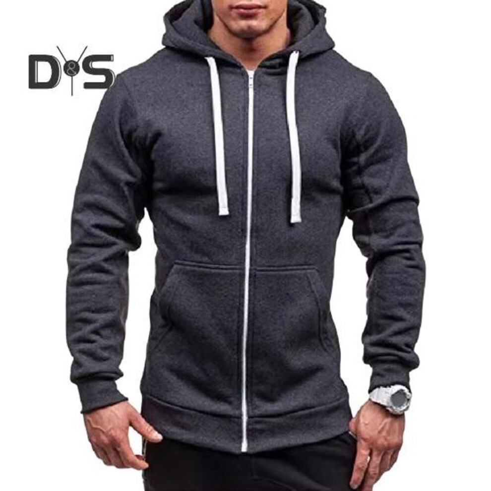 (dark gray, XXXL) Fall Winter Men Jacket Hooded Drawstring Zip-up Long Sleeves Solid Color Cardigan Elastic Cuff Pockets Mid Length Hoodie Jacket
