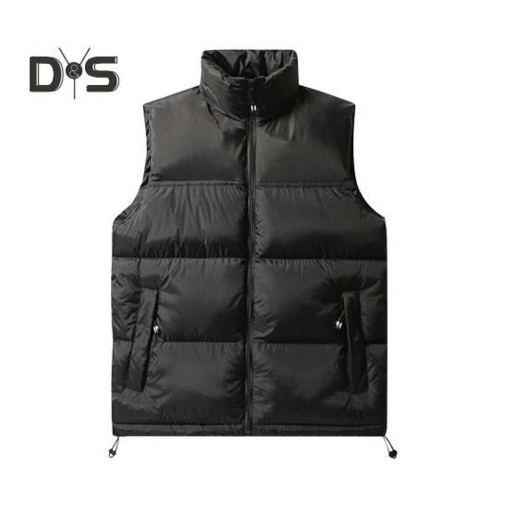 (XL, black) Men Cotton Waistcoat Stand Collar Sleeveless Patchwork Color Cotton Vest Coat With Pockets Elastic Drawstring Hem Zipper Placket Vest Outwear