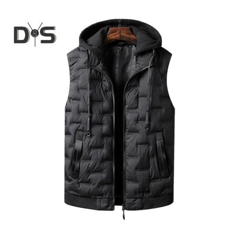 (3XL, black) Men Cotton Vest with Removable Hood Drawstring Decoration Sleeveless Waistcoat Solid Color Zipper Placket Vest Coat