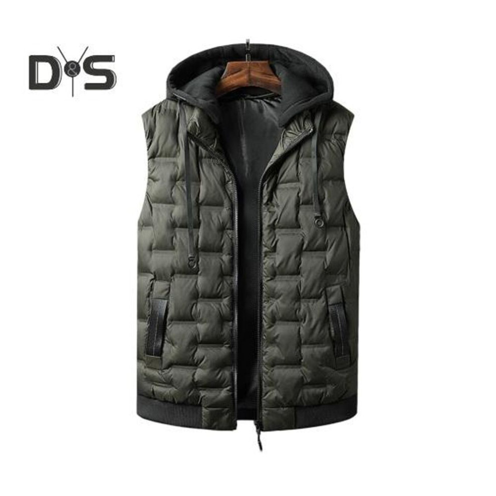 (L, army green) Men Cotton Vest with Removable Hood Drawstring Decoration Sleeveless Waistcoat Solid Color Zipper Placket Vest Coat