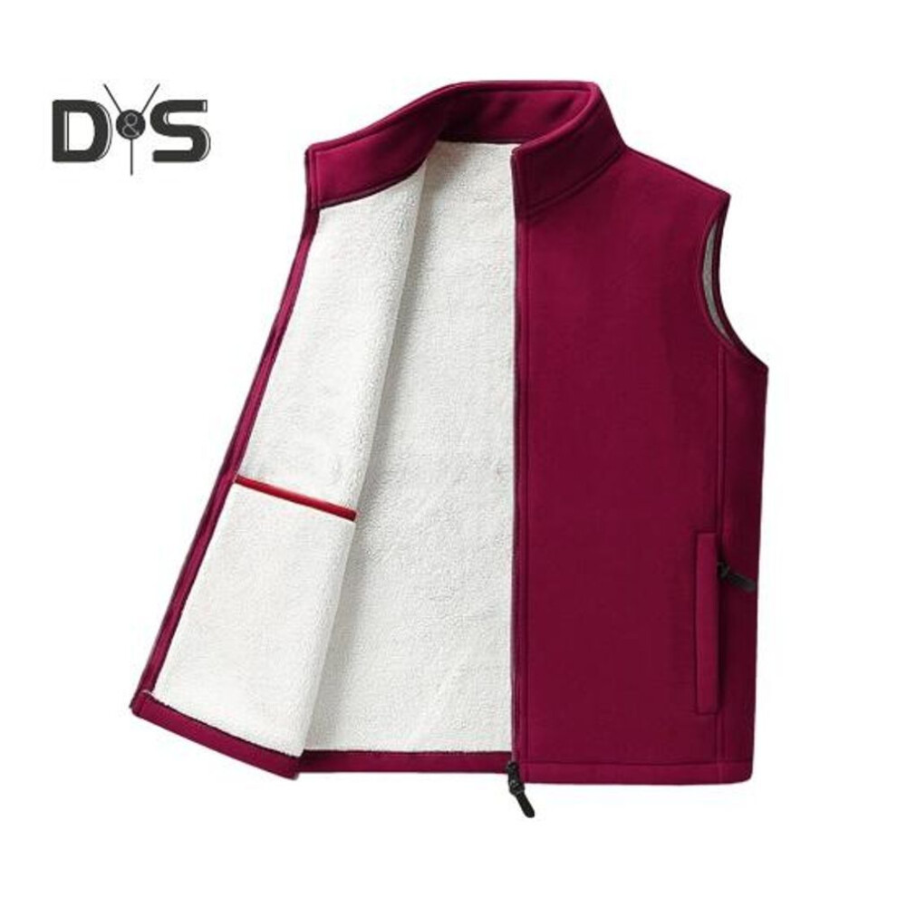 (L, red) Polar Fleece Vest Coat Stand Collar Sleeveless Waistcoat with Velvet Inner Layer Zipper Placket Pockets Thermal Insulation Vest Jacket