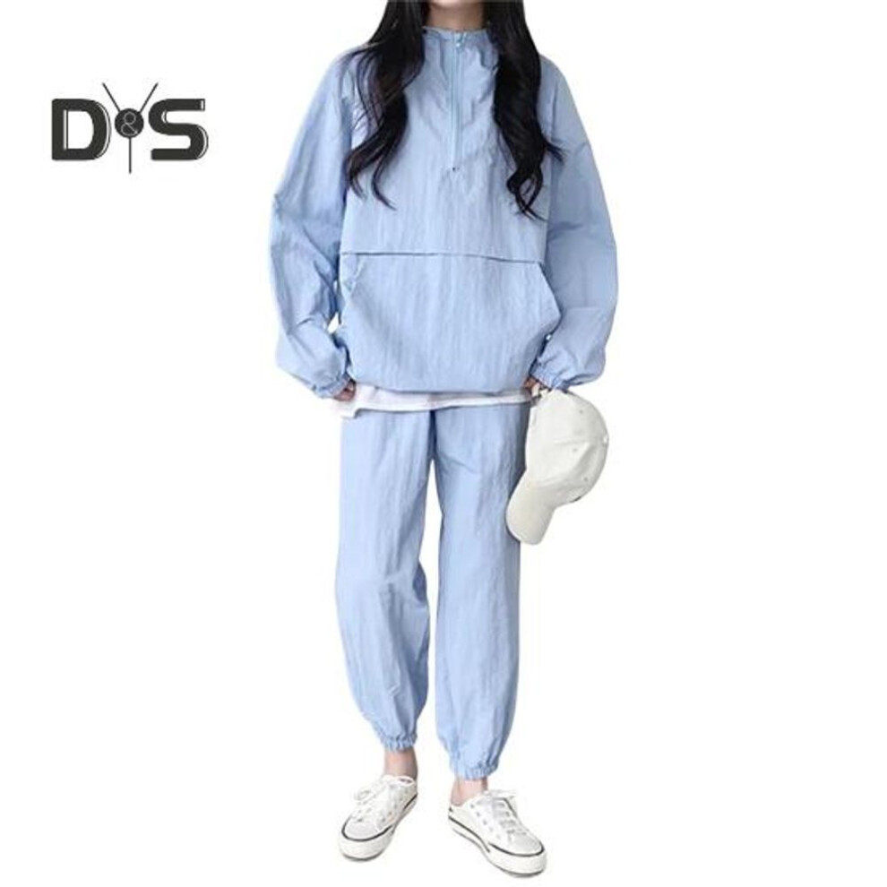 (light blue, XXL) 2 Pcs/Set Sweatshirt Pants Suit Loose Solid Color Zipper Big Pocket Stretchy Hem And Cuff Loose Sport Outfit Elalstic Waist Ankle-banded Trousers Set