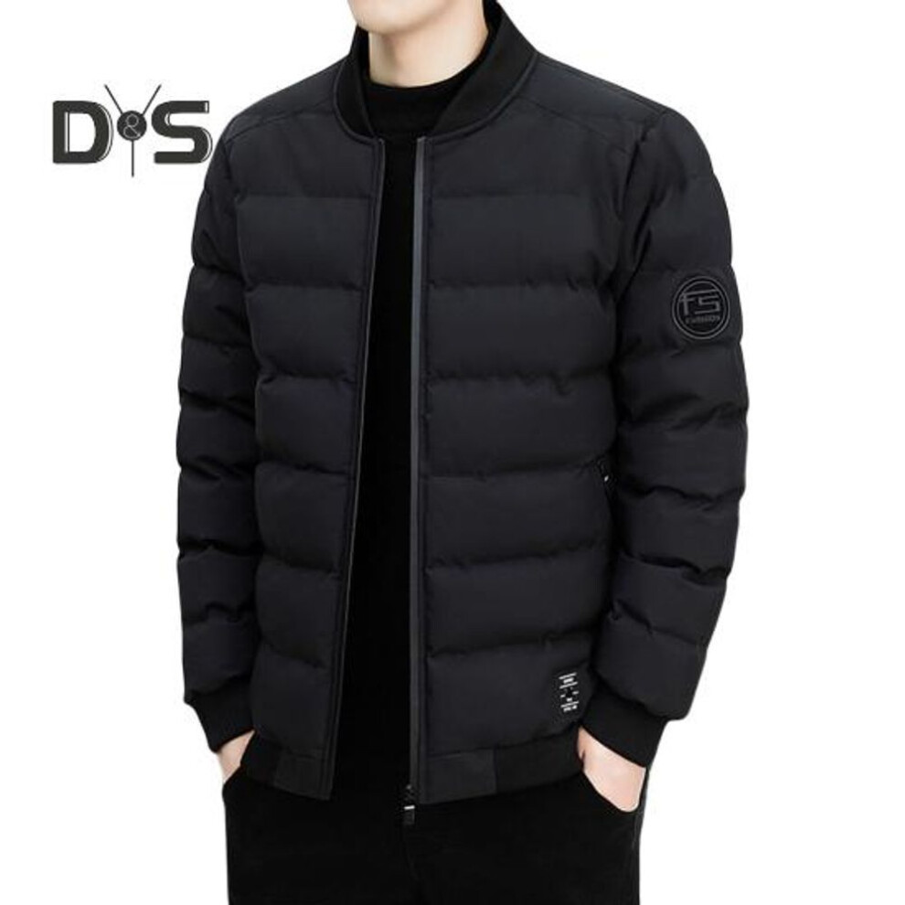 (black, XXL) Winter Men Coat Thick Padded Stand Collar Zip-up Long Sleeves Solid Color Zipper Pockets Winfproof Heat Retention Outdoor Down Coat