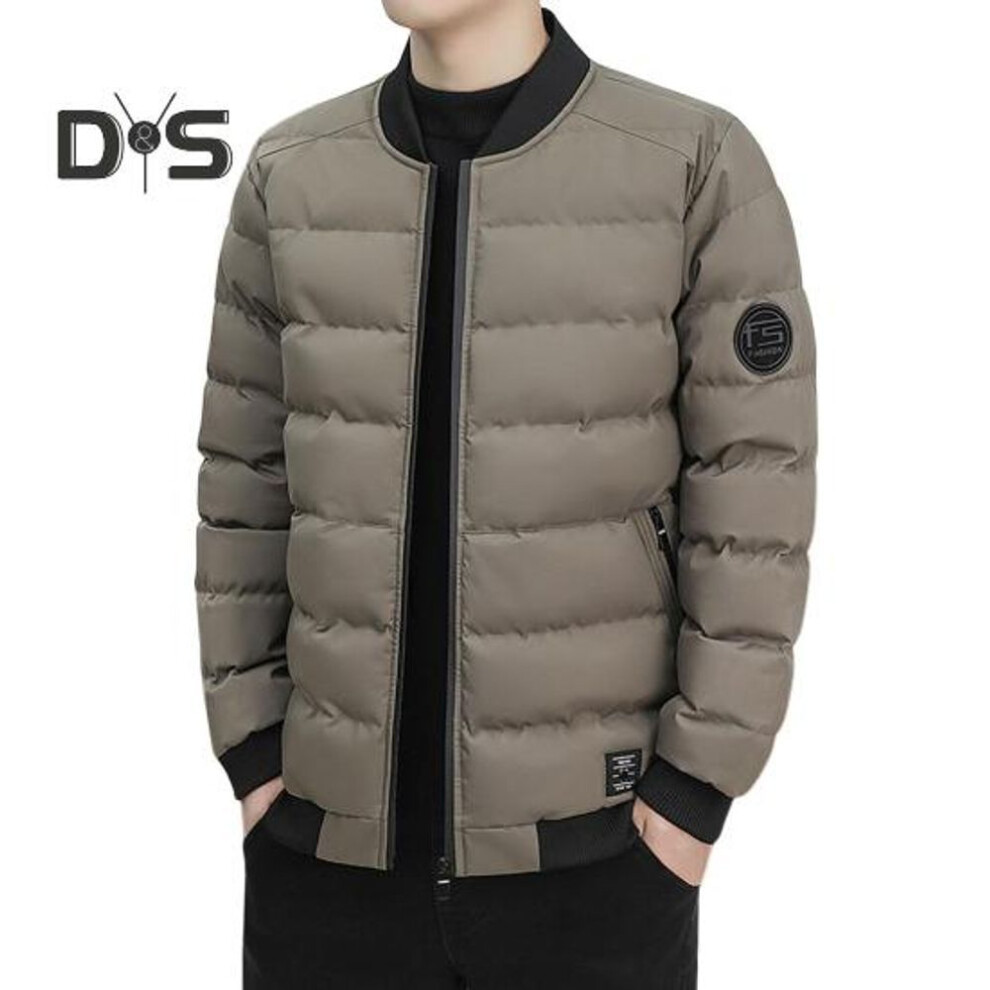 (dark brown, M) Winter Men Coat Thick Padded Stand Collar Zip-up Long Sleeves Solid Color Zipper Pockets Winfproof Heat Retention Outdoor Down Coat