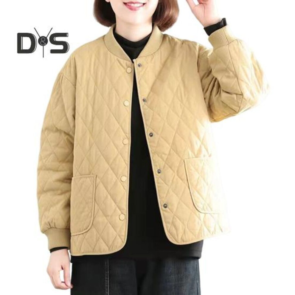 (khaki, L) Women Jacket Stand Collar Long Sleeve Rhombus Texture Single-breasted Elastic Cuffs Solid Color Pockets Sport Lady Coat