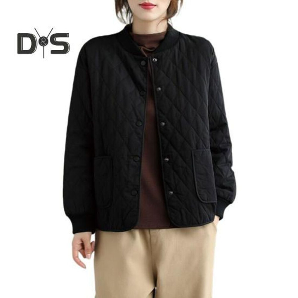 (black, 2XL) Women Jacket Stand Collar Long Sleeve Rhombus Texture Single-breasted Elastic Cuffs Solid Color Pockets Sport Lady Coat