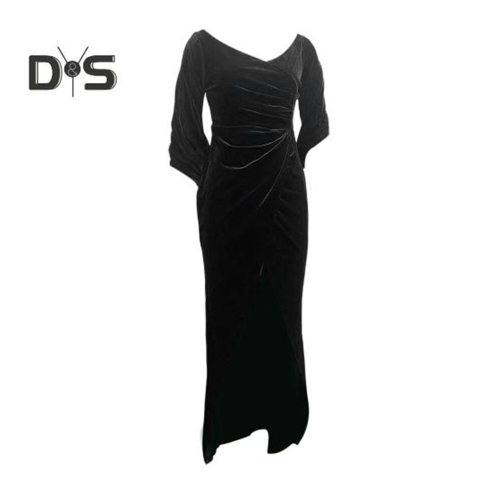 (black, XL) Lady Evening Dress Skinny Pleated Off Shoulder Slit Hem Half Sleeves Annual Symposium Wedding Party Prom Maxi Dress Ball Gown