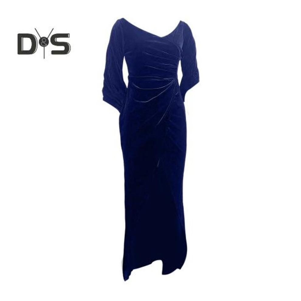 (blue, M) Lady Evening Dress Skinny Pleated Off Shoulder Slit Hem Half Sleeves Annual Symposium Wedding Party Prom Maxi Dress Ball Gown
