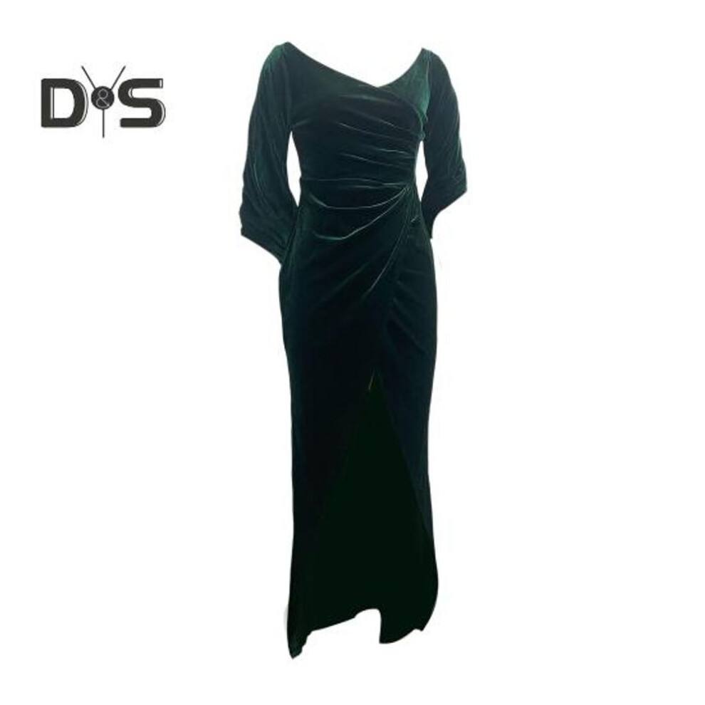 (green, L) Lady Evening Dress Skinny Pleated Off Shoulder Slit Hem Half Sleeves Annual Symposium Wedding Party Prom Maxi Dress Ball Gown