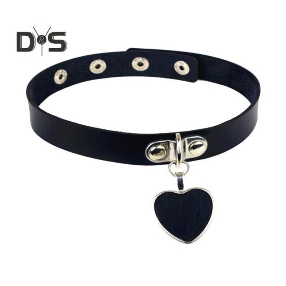 (black) Women Collar Rock Punk Style Faux Leather Heart Pendant Adjustable Circumference Club Party Cosplay Prop Lady Choker Jewelry