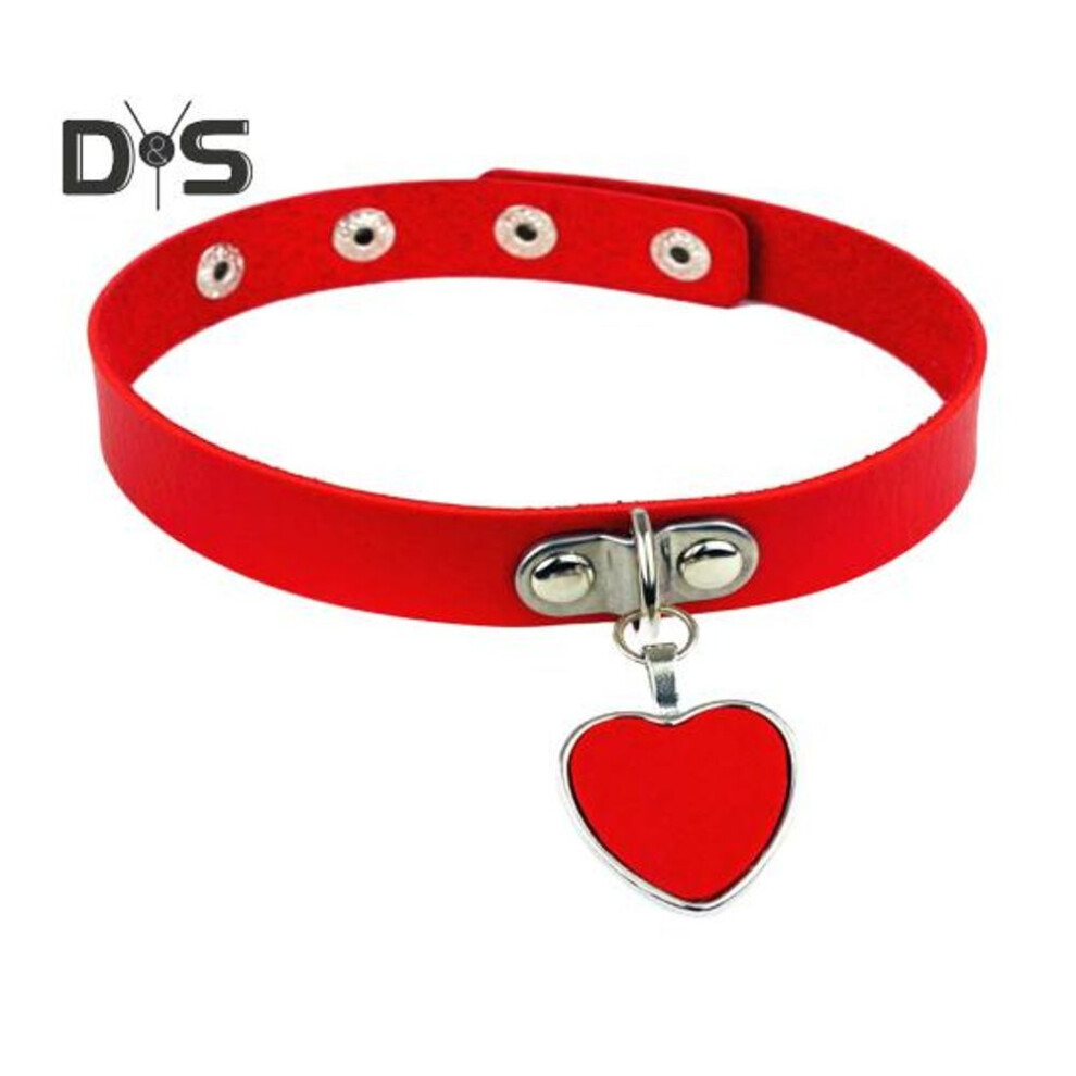 (red) Women Collar Rock Punk Style Faux Leather Heart Pendant Adjustable Circumference Club Party Cosplay Prop Lady Choker Jewelry