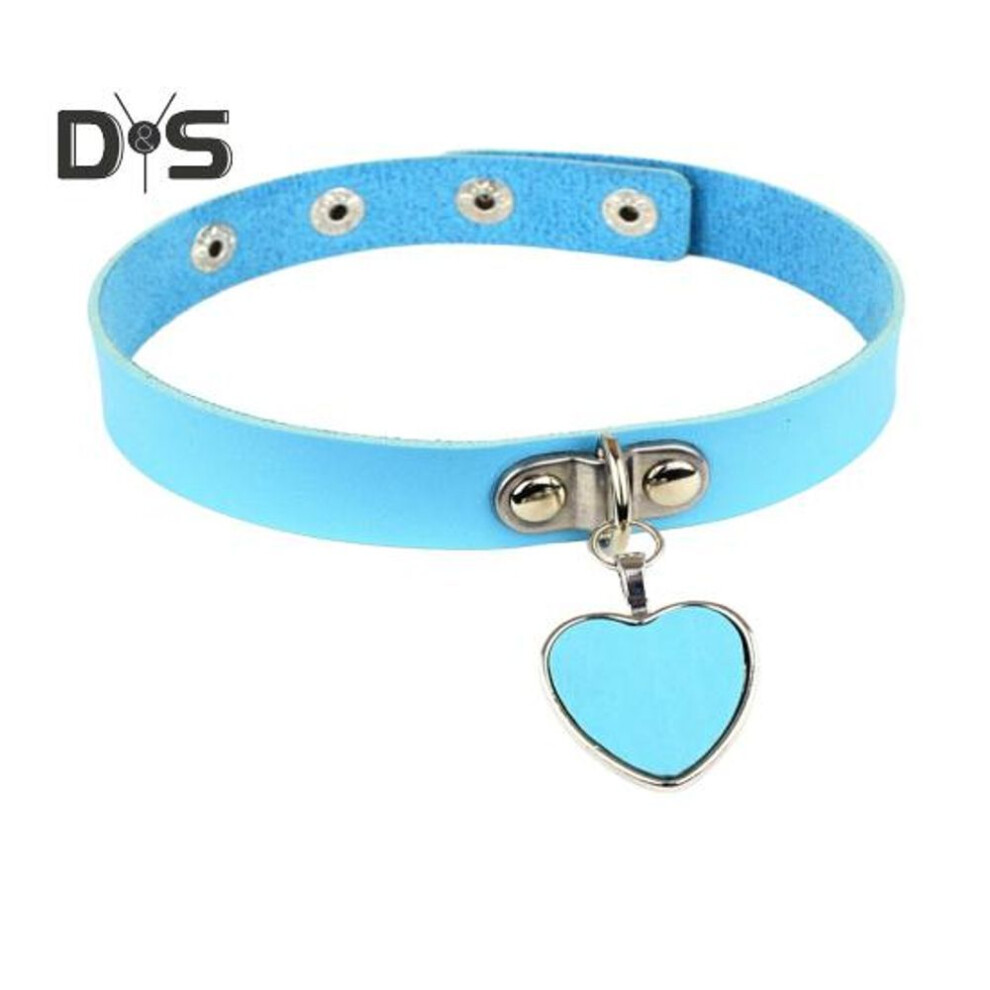 (blue) Women Collar Rock Punk Style Faux Leather Heart Pendant Adjustable Circumference Club Party Cosplay Prop Lady Choker Jewelry