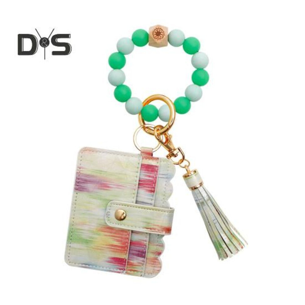 (as the picture, A) Rfid Blocking Wrist Keychain Wallet With 6 Card Slots Purse Tassel Bead Bracelet Keyring Faux Leather Wristband