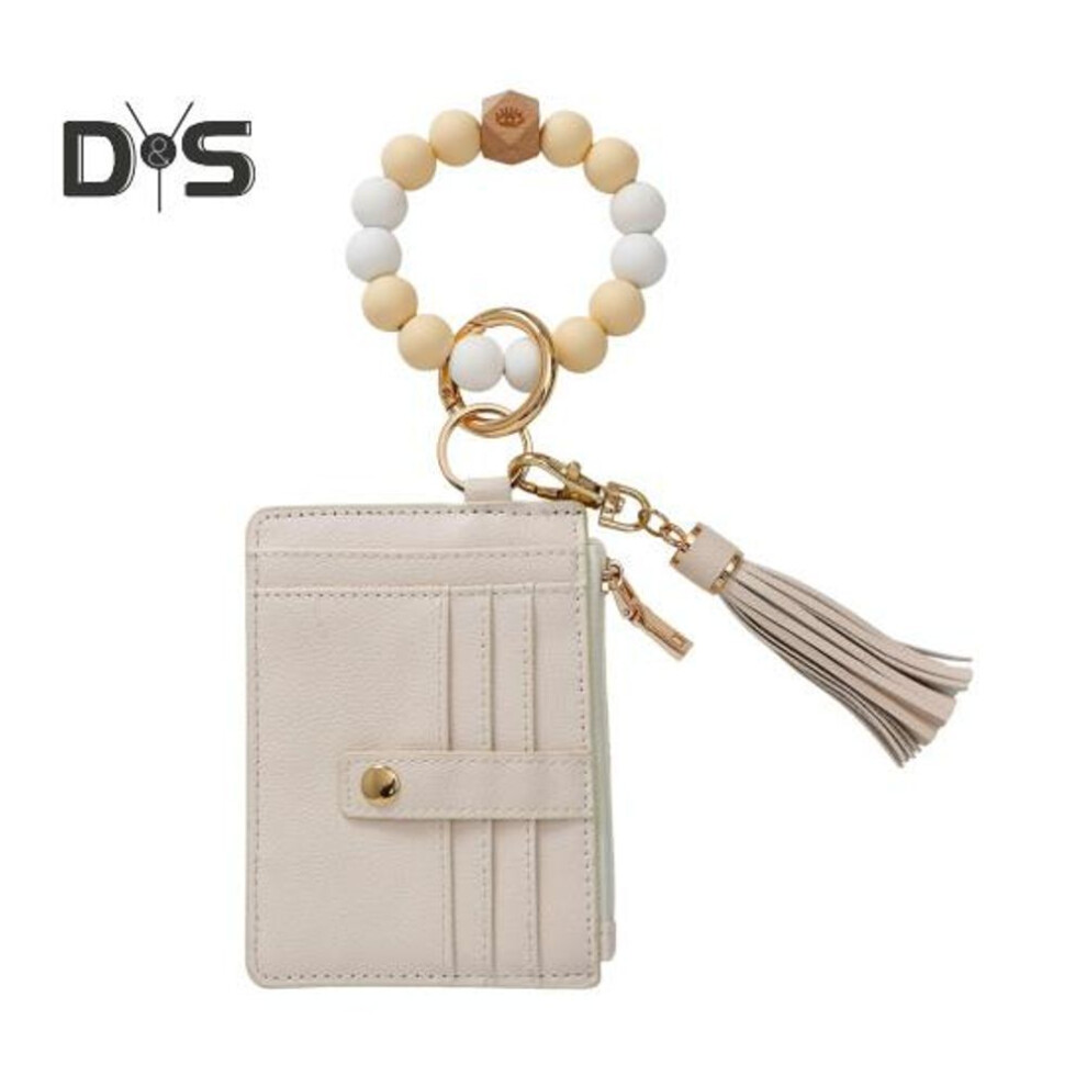 (as the picture, G) RFID Blocking Wrist Keychain Wallet with 6 Card Slots Purse Tassel Bead Bracelet Keyring Faux Leather Wristband