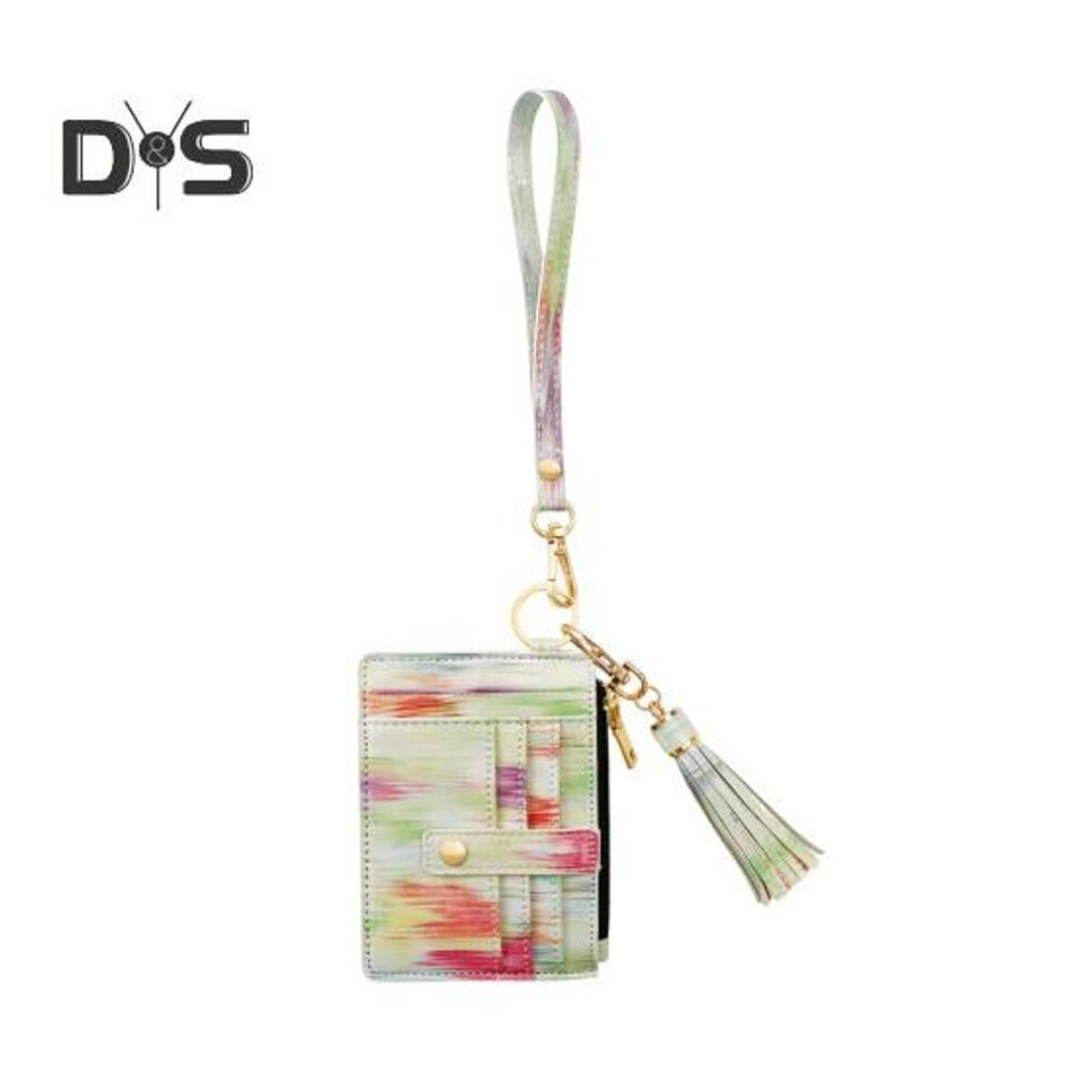 (as the picture, E) Rfid Blocking Wrist Keychain Wallet With 6 Card Slots Purse Tassel Bead Bracelet Keyring Faux Leather Wristband