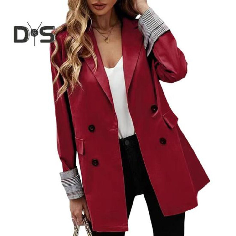 (wine red, XL) Women Suit Coat Lapel Long Sleeve Striped Cuffs Suit Jacket With Flap Pockets Solid Color Loose Fit Double Breasted Business Outwear