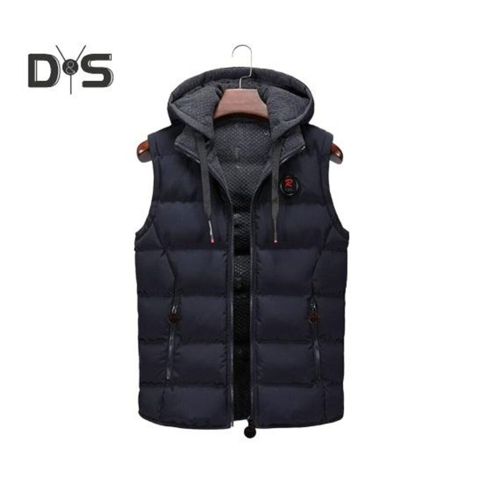 (3XL, dark blue) Men Vest Coat Hooded Drawstring Sleeveless Zipper Placket Waistcoat With Pockets Solid Color Thickened Quilted Vest Coat
