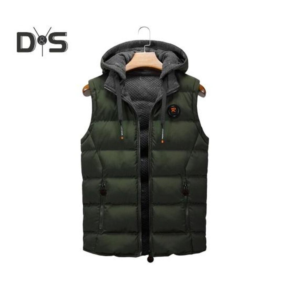 (2XL, army green) Men Vest Coat Hooded Drawstring Sleeveless Zipper Placket Waistcoat with Pockets Solid Color Thickened Quilted Vest Coat