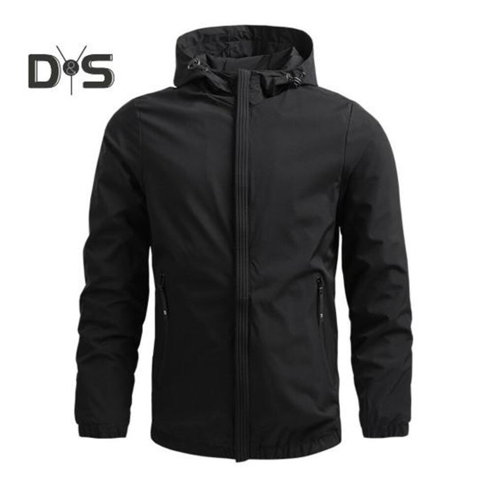 (black, XXXL) Men Jacket Hooded Long Sleeve Solid Color Jacket Coat With Pockets Zipper Placket Windproof Waterproof Running Gym Outwear