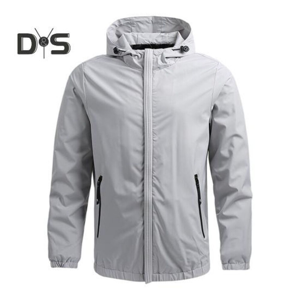 (light grey, XXXL) Men Jacket Hooded Long Sleeve Solid Color Jacket Coat with Pockets Zipper Placket Windproof Waterproof Running Gym Outwear