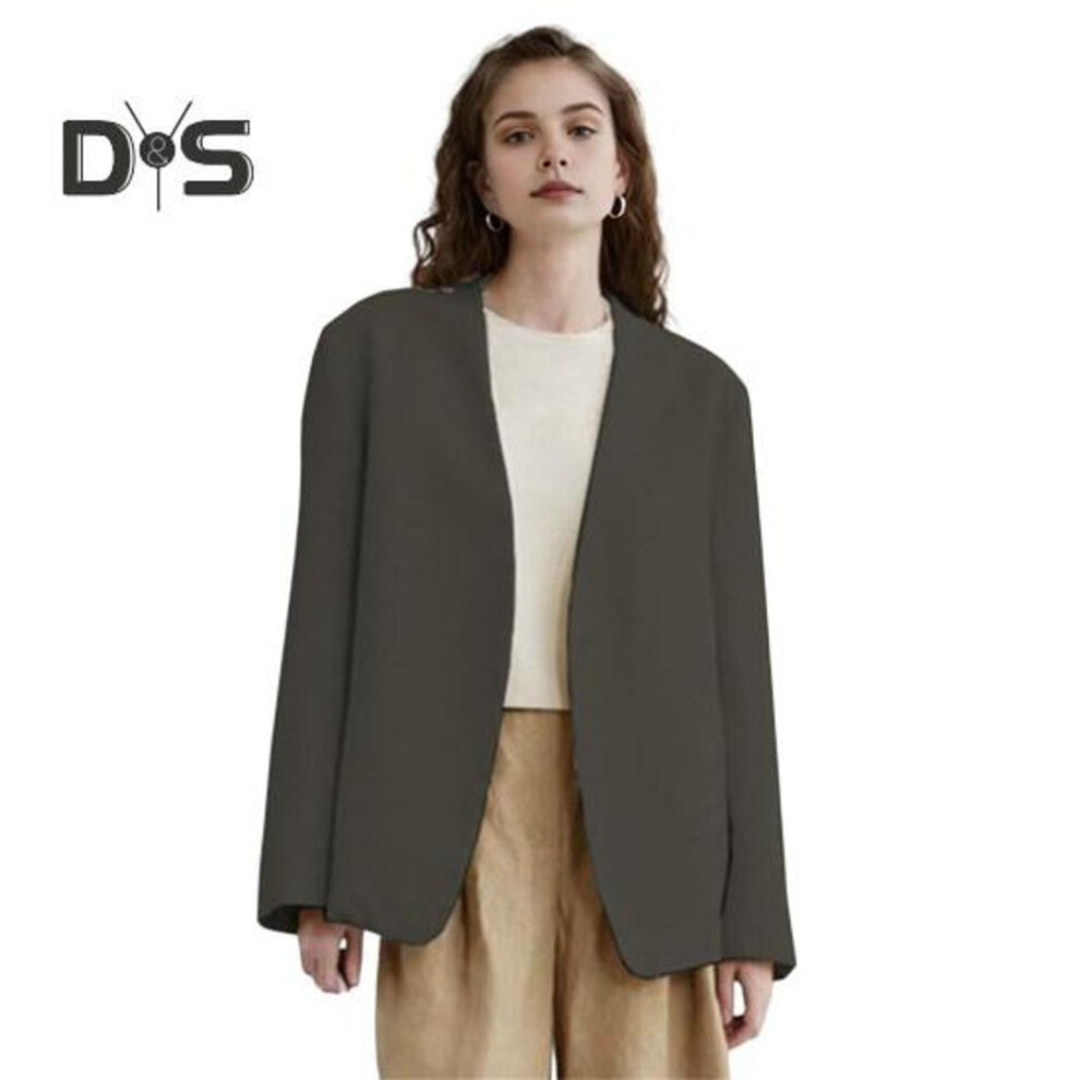 (dark gray, XXXL) Women Suit Coat Collarless Long Sleeve Open Front Suit Jacket Solid Color Loose Fit Business Cardigan Office Formal Coat
