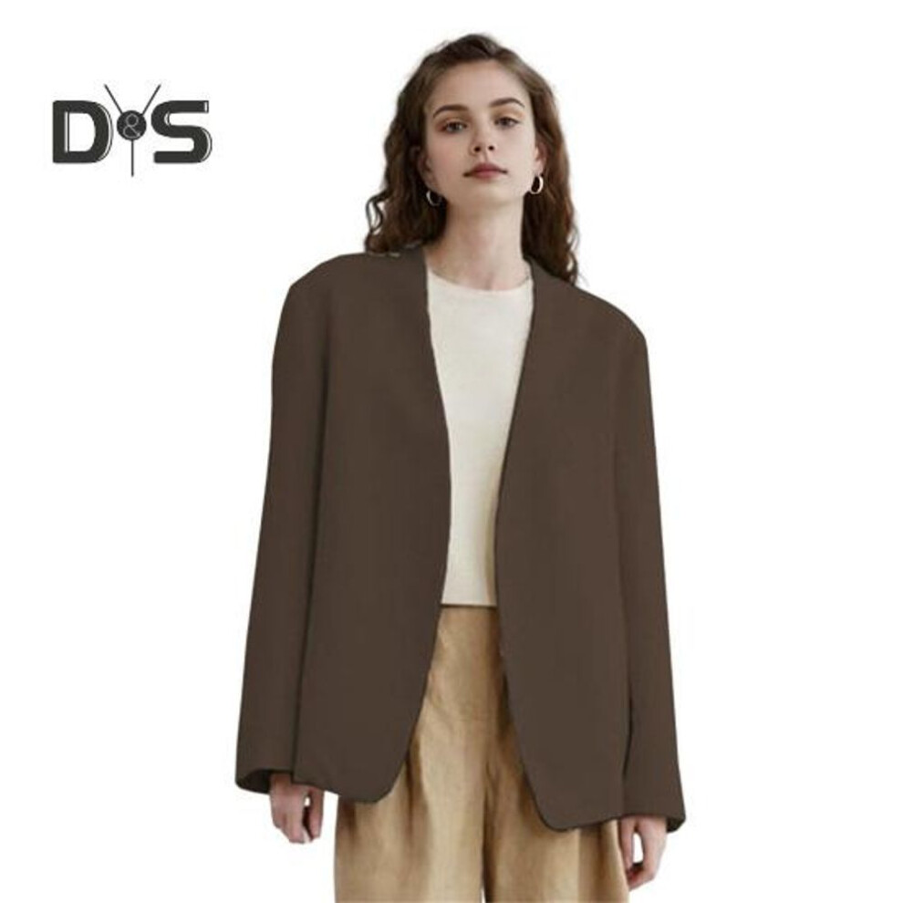 (coffee, M) Women Suit Coat Collarless Long Sleeve Open Front Suit Jacket Solid Color Loose Fit Business Cardigan Office Formal Coat