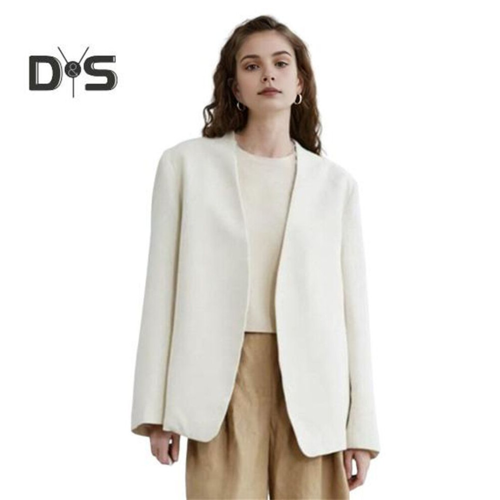 (beige, XL) Women Suit Coat Collarless Long Sleeve Open Front Suit Jacket Solid Color Loose Fit Business Cardigan Office Formal Coat
