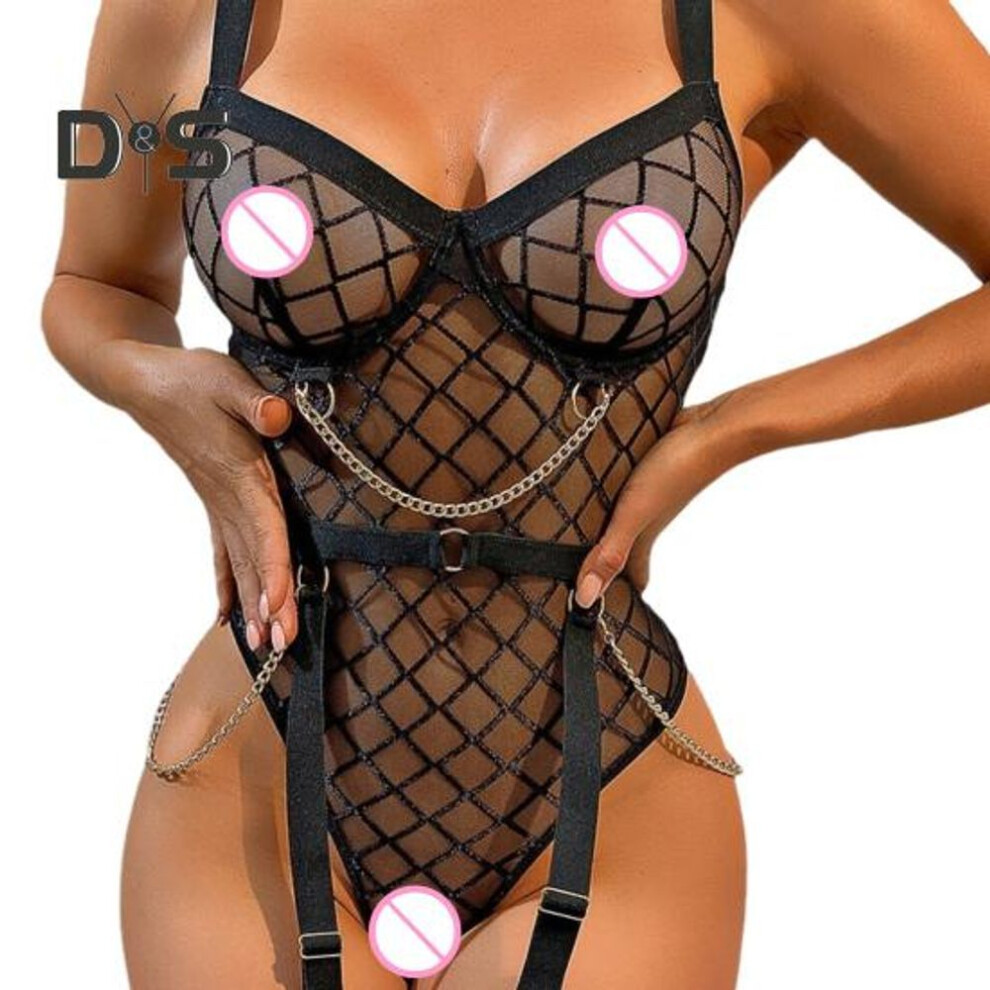 (black, S) Women Bodysuit Backless Sleeveless Hollow Out Fishnet Push-up Gra Thin See-through Lace Spaghetti Strap Skinny Lady Wedding Night Playsuit