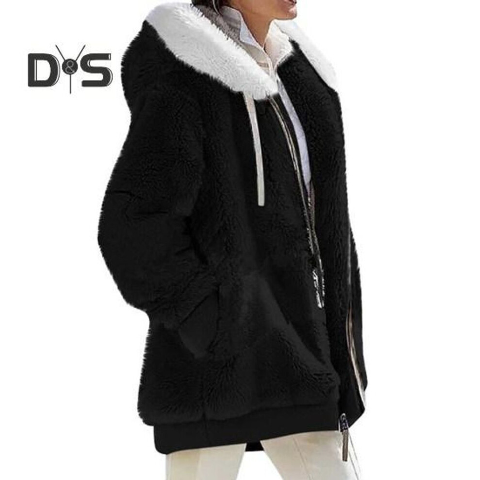 (black, M) Women Winter Plush Coat with Hood Drawstring Zipper Closure Loose Windproof Thickened Jacket with Side Pockets Cold Weather Daily Travel Outerwear