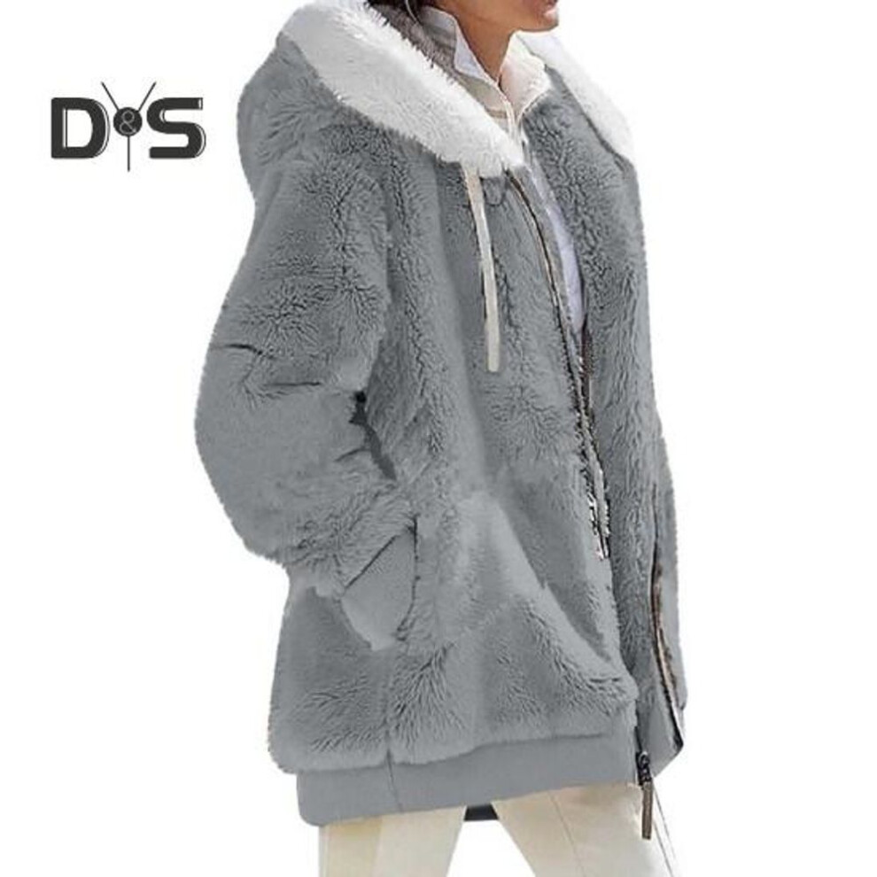 (light grey, L) Women Winter Plush Coat With Hood Drawstring Zipper Closure Loose Windproof Thickened Jacket With Side Pockets Cold Weather Daily Travel Outerwear