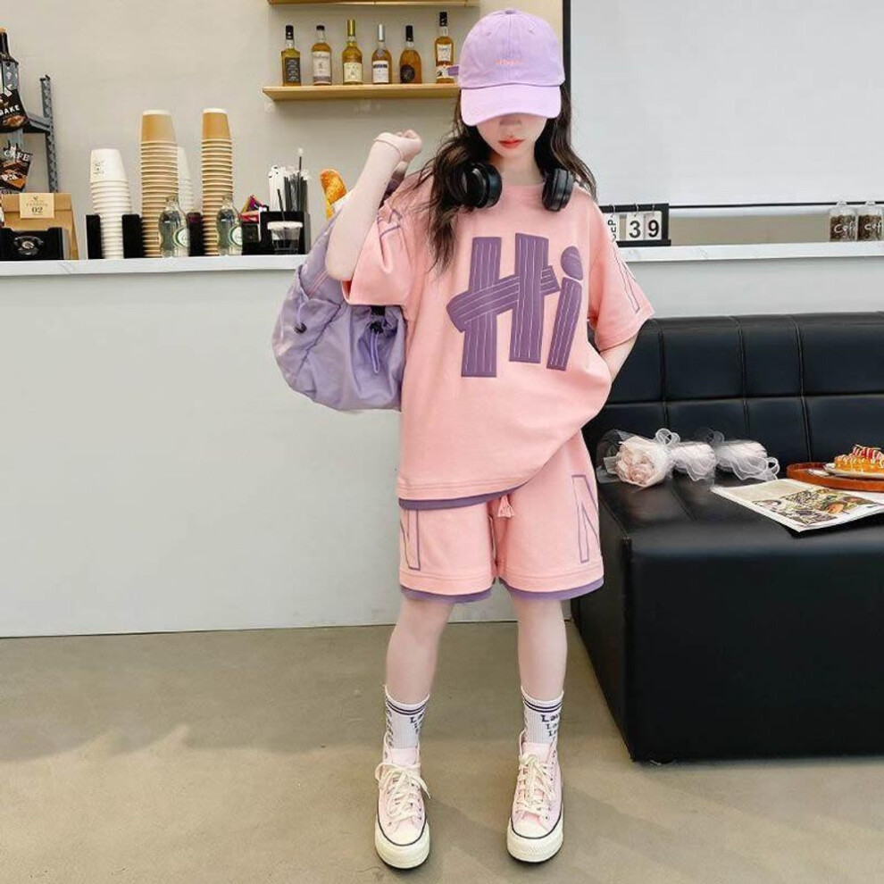 (pink, 160cm) Summer Girls'  T-shirts Sets Outfit Kids Short Sleeve Tops+shorts 2pcs Children Clothes Teen Loose Casual Suits Sporty Outfits